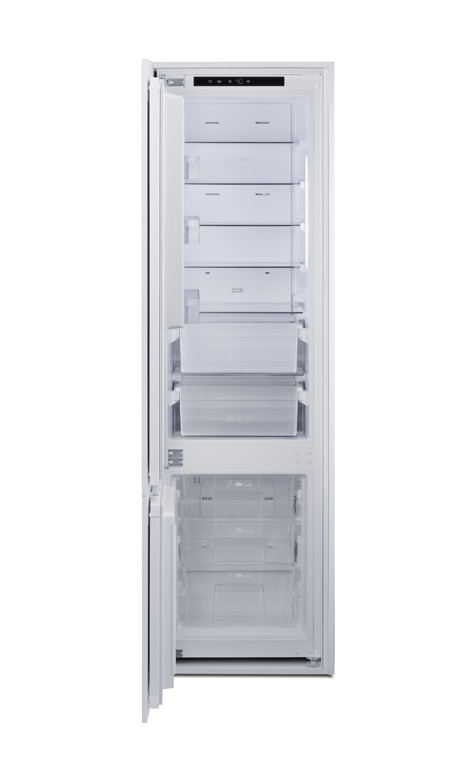 ENERGY STAR certified fully integrated bottom mount counter depth refrigerator-freezer with unfinished front to accept custom panels and fit 76 7/8